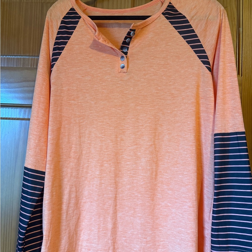 Orange and Navy light weight Jersy Striped Long Sleeve Henley NWOT